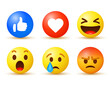 3d social media reaction, collection of emoji reactions, sad cry emoji, funny haha emoticon, surprise wow emoji, grumpy angry emoticon, like thumb up icon, love heart icon	