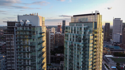 Wall Mural - Aerial shot of downtown Mississauga during late afternoon before sunset on a summer day. City Centre, Celebration Square and high-rise condominiums.