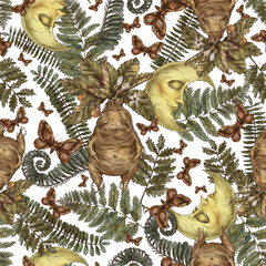 Poster - Magic plants seamless pattern, witch herbs mandrake root wallpaper