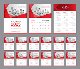 Wall Calendar 2025 template set and Calendar 2026 design, Red Cover. Week Starts on Sunday, Set of 12 Months, Desk calendar 2025 design, Planner, red abstract background, minimal style, Vertical.