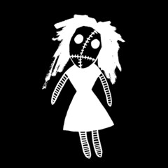 Vector image of a scary doll with long hair. Halloween. Calligraphic style. Brush strokes. Ink style. White on a black background. Doodle. Hand drawing. Minimalism