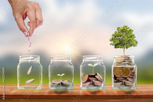 Hand holding a silver coin in a jar where money grows and a tree that grows in a jar to save money. Business Savings and Investment Ideas