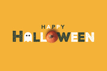 Happy Halloween Composition Text, Ghost Icon And Pumpkin Over Orange Horizontal Background With Copy Space, Concept For Halloween Holiday