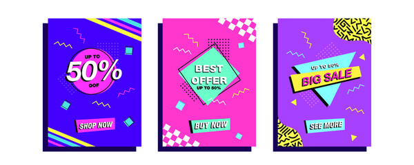 Set of graphics for flyers, poster, banners web | Discount, Sale, Black Friday, Clearance vector templates in 90's retro nostalgia style