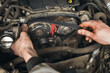 Auto mechanic changes the timing belt in the car, close-up