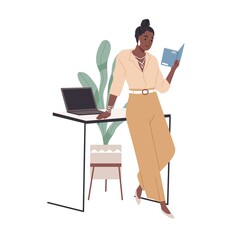 Woman reading book at office desk. Happy reader studying professional business literature. Modern African American businesswoman learning. Flat vector illustration isolated on white background