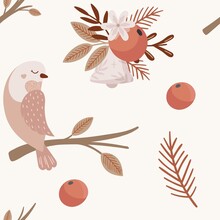 Seamless Pattern With Cute Cartoon Pink Bird On Branch. Christmas Print With Christmas Bouquet (bell, Rowan, Leaves, Flower) Vector Illustration For Wallpaper, Fabric, Textile. 