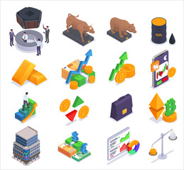 Wall Mural - Stock Exchange Financial Market Trading Isometric Icon Set