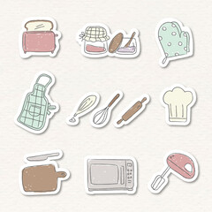 Wall Mural - Cute kitchen utensils doodle sticker set vector