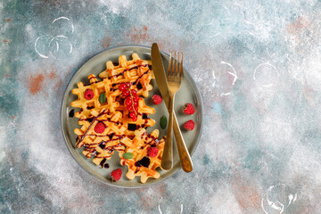 Wall Mural - Homemade waffles with raspberries and red currants.