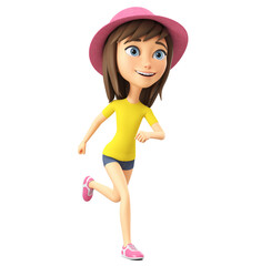 Wall Mural - Cartoon character cheerful girl in a pink hat runs on a white background. 3d render illustration.