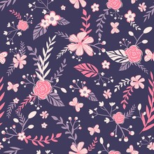 Baroque Seamless Pattern With Pink And Violet Flowers And Leaves. Repeat Background With Floral Motifs, Butterflies And Plants. Spring Texture With Sakuras In Bloom And Romantic Garden Bouquet.