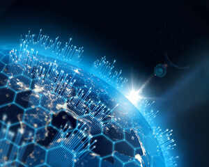 planet earth, city lights and cellular digital network growing binary data