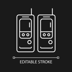 Sticker - Walkie-talkie white linear icon for dark theme. Vintage handheld transceiver. Small portable device. Thin line customizable illustration. Isolated vector contour symbol for night mode. Editable stroke