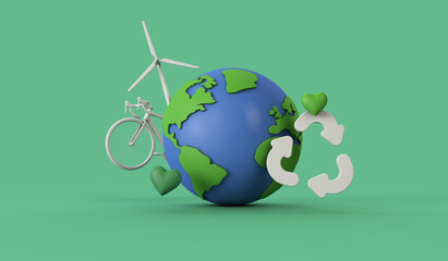 Wall Mural - Global recycling. Earth model with a recycle symbol. 3d rendering