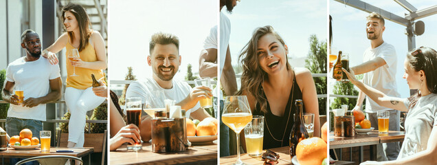 Wall Mural - Young group of friends drinking beer, having fun, laughting and celebrating together. Women and men with beer's glasses in sunny day. Oktoberfest concept.