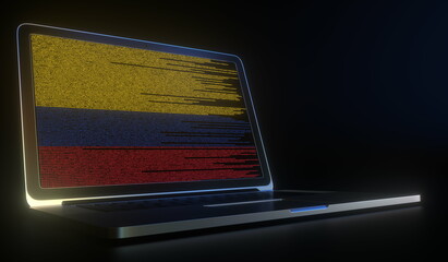 Laptop and source code on the screen composing flag of Colombia. National information technology related 3d rendering