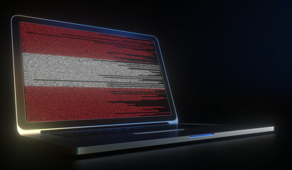 Flag of Austria made with computer code on the laptop screen. Hacking or cybersecurity related 3d rendering
