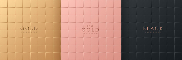 Wall Mural - Set of abstract 3D luxury gradient golden, Pink gold and Black square pattern background. Seamless geometric tile collection. Can use for cover, poster, banner web, flyer, Print ad. Vector EPS10
