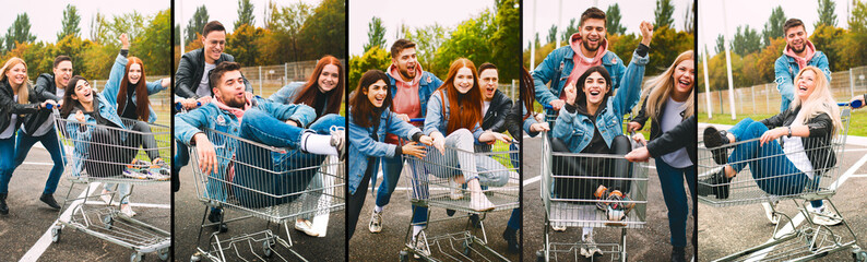 Wall Mural - Composite image of photos of group of four young diverse friends in jeanse outfit look carefree, young and happy walking down the city's streets.