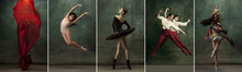 Collage Of Portraits Of Female Ballet Dancers Dancing On Dark Vintage Studio Background. Concept Of Art, Theater, Beauty And Creativity