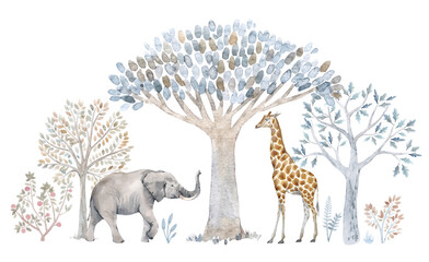 Plakat słoń dzieci drzewa vintage sztuka