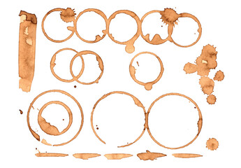 Sticker - Set abstract coffee free strokes and rings mark spots. Doodle symbols. Different brush splash. Dirty tea stain or circle stamp