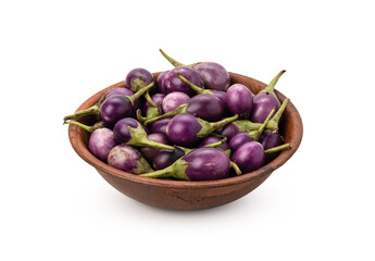 Wall Mural - Baby purple eggplant in wood plate on isolated white background