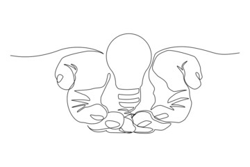 Wall Mural - Continuous line drawing of light bulb and two palm hands as a symbol of ideas. Creative problem solving single one line art. Vector illustration