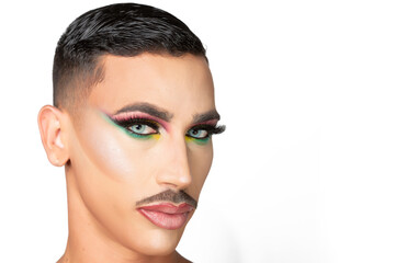 closeup portrait of young man with mustache and glamorous makeup on white background