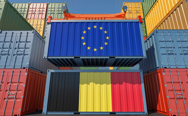 Container Terminal. Two cargo Container with European Union and Belgium flags. 3D Rendering