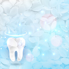 Sticker - Beautiful floral dental design backdrop. Healthy tooth silhouette and light blue seamless hydrangeas flower at the background with lights and triangle lines.