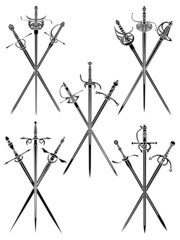 Wall Mural - Set of simple monochrome vector images of three crossed epees and rapiers.