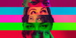Collage of close-up male and female eyes isolated on colored neon backgorund. Multicolored stripes. Concept of equality, unification of all nations, ages and interests