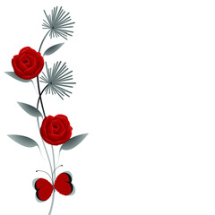 Wall Mural - Abstract bouquet of roses and butterfly on a white background.