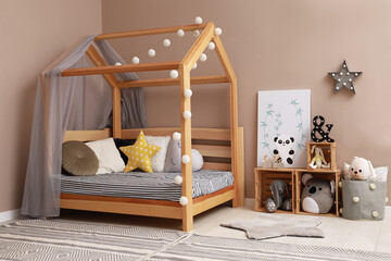 Poster - Stylish child room interior with comfortable floor bed