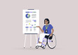 A young female character on a wheelchair presenting the infographics on a flip chart at the weekly office report meeting