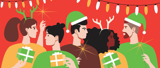 People Friends, Christmas Party, Flat Vector Stock Illustration with Friends Together at Christmas as a Merry Party with Boxes of Gifts