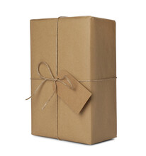 Parcel Wrapped With Kraft Paper, Twine And Tag Isolated On White