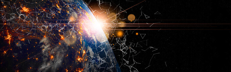 Fototapete - Communication technology for internet business. Global world network and telecommunication on earth cryptocurrency and blockchain and IoT. Elements of this image furnished by NASA