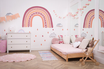 Wall Mural - Montessori bedroom interior with floor bed and toys