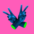 Contemporary minimalistic artwork in neon bold colors with hands showing victory sign. Surrealism creative wallpaper. Psychedelic design pattern.