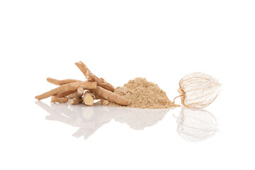 Poster - Aswagandha root and powder isolated on white background.