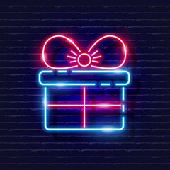 Wall Mural - Gift box neon sign. Glowing holiday gift icon. New Year and Christmas concept. Vector illustration for design.