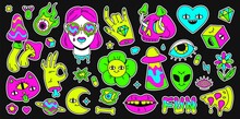 Psychedelic Retro Space, Rainbow And Surreal Elements Sticker. Abstract Cartoon Weird Emoji, Girl And Cat Character. Holutination Vector Set