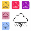 Black line Cloud with rain and lightning icon isolated on white background. Rain cloud precipitation with rain drops.Weather icon of storm. Set icons in color square buttons. Vector