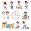 © Tartila - Day routine activity for cartoon school kid boy. Daily schedule with cute boy sleep, eat, play, study and clean. Health lifestyle vector set