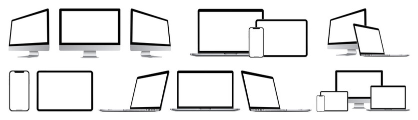 Wall Mural - realistic mockups of technology devices with empty screens set : laptop computer, monitor, smartphon