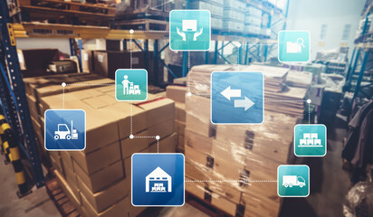 Smart warehouse management system with innovative internet of things technology to identify package picking and delivery . Future concept of supply chain and logistic network business .