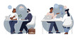 Set of scenes with male and female characters on job interview. Concept of people talking to hr manager for better representing themselves on interview. Flat cartoon vector illustration